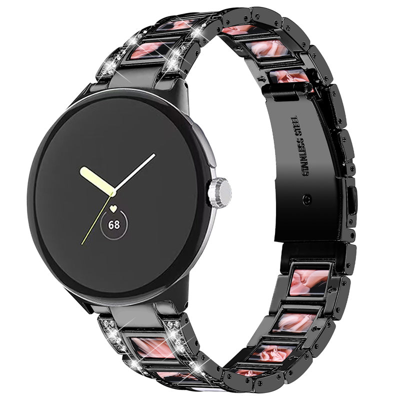 For Google Pixel Watch Stainless Steel Resin Strap Bracelet Rhinestone Decor Replacement Wristband - Black / Black Pink Mix