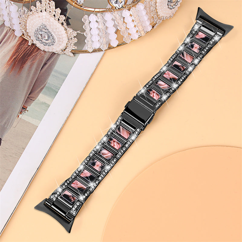 For Google Pixel Watch Stainless Steel Resin Strap Bracelet Rhinestone Decor Replacement Wristband - Black / Black Pink Mix