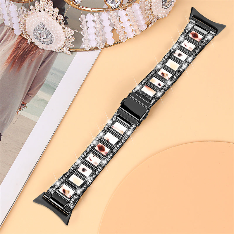 For Google Pixel Watch Stainless Steel Resin Strap Bracelet Rhinestone Decor Replacement Wristband - Black / Nougat Pattern