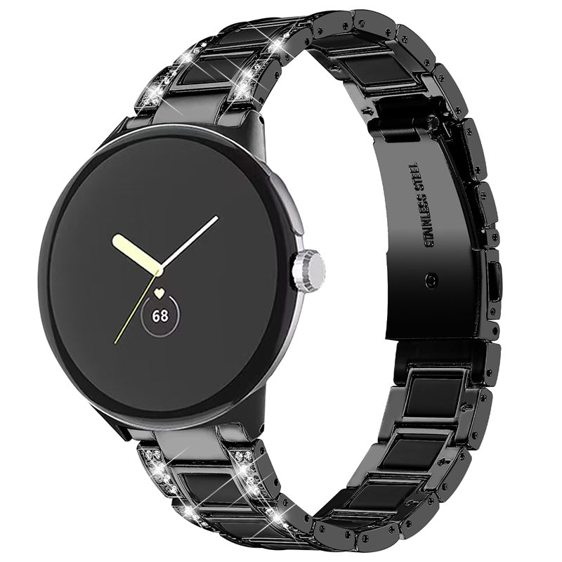 For Google Pixel Watch Stainless Steel Resin Strap Bracelet Rhinestone Decor Replacement Wristband - Black