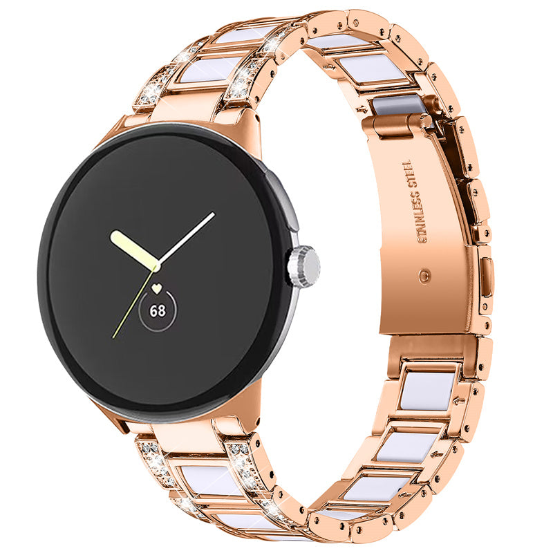 For Google Pixel Watch Stainless Steel Resin Strap Bracelet Rhinestone Decor Replacement Wristband - Rose Gold / White