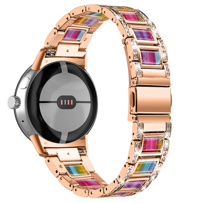 For Google Pixel Watch Stainless Steel Resin Strap Bracelet Rhinestone Decor Replacement Wristband - Rose Gold / Rainbow