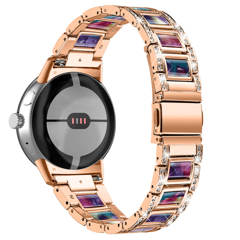 For Google Pixel Watch Stainless Steel Resin Strap Bracelet Rhinestone Decor Replacement Wristband - Rose Gold / Purple Green Mix