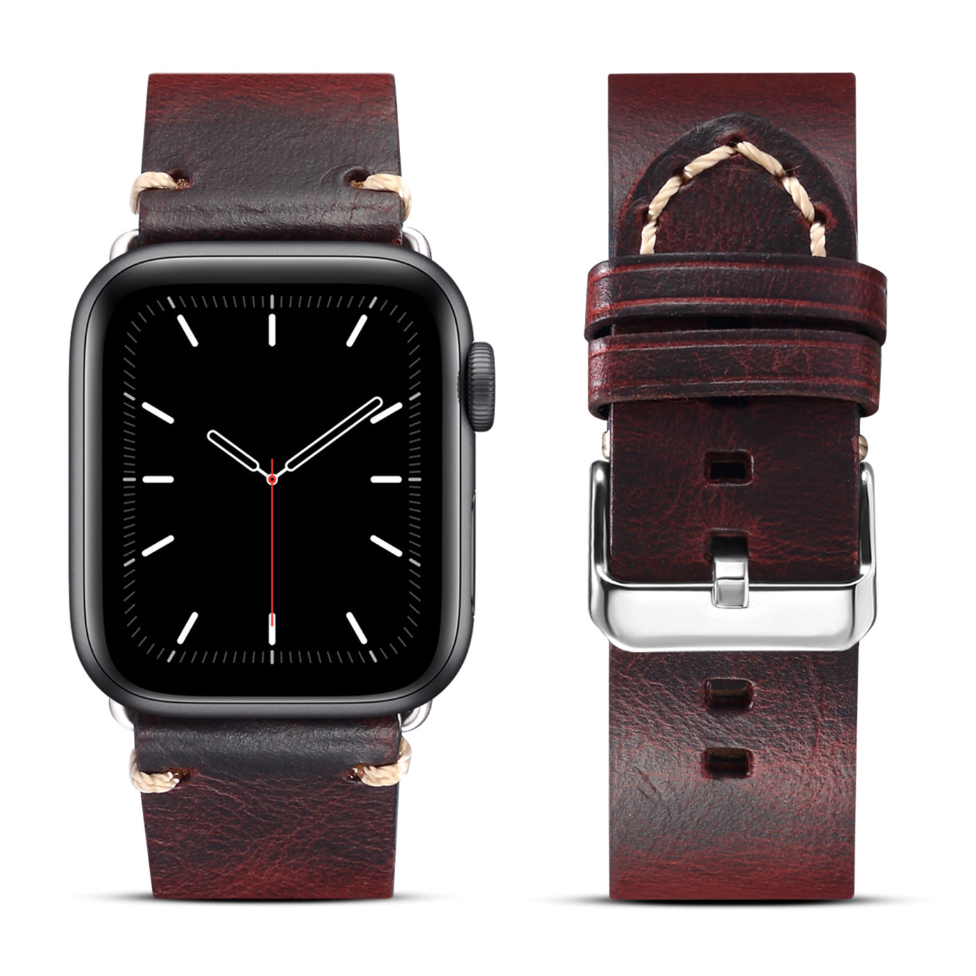 for Apple Watch Series 8 Aluminum / 8 / 7 45mm / Series 6 / 5 / 4 / SE / SE (2022) 44mm / Series 3 / 2 / 1 42mm DOL Waxy Cowhide Leather Watch Band Adjustable Pin Buckle Wrist Strap Replacement - Wine Red