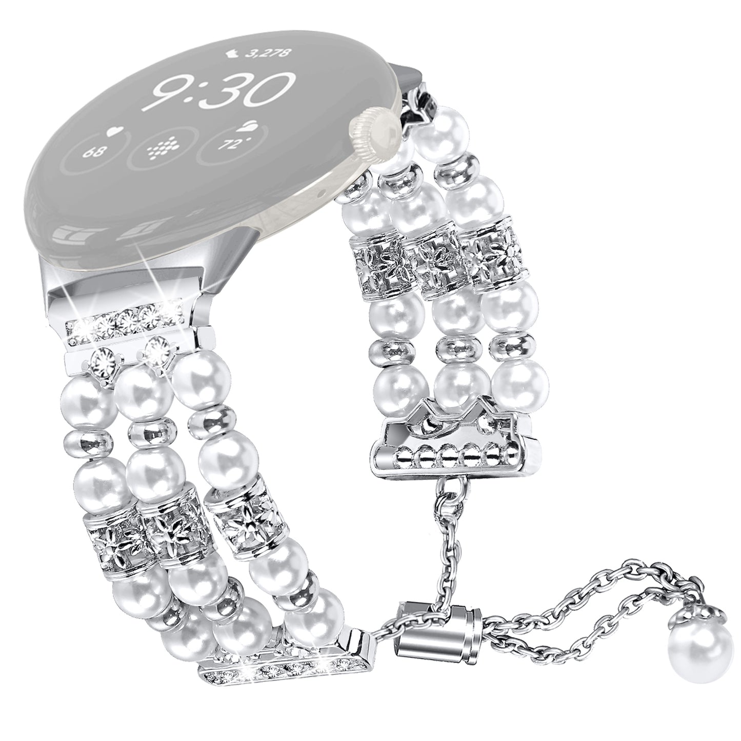 For Google Pixel WatchThree Rows Faux Pearls Beads Watch Band Replacement Wrist Strap Bracelet - Silver