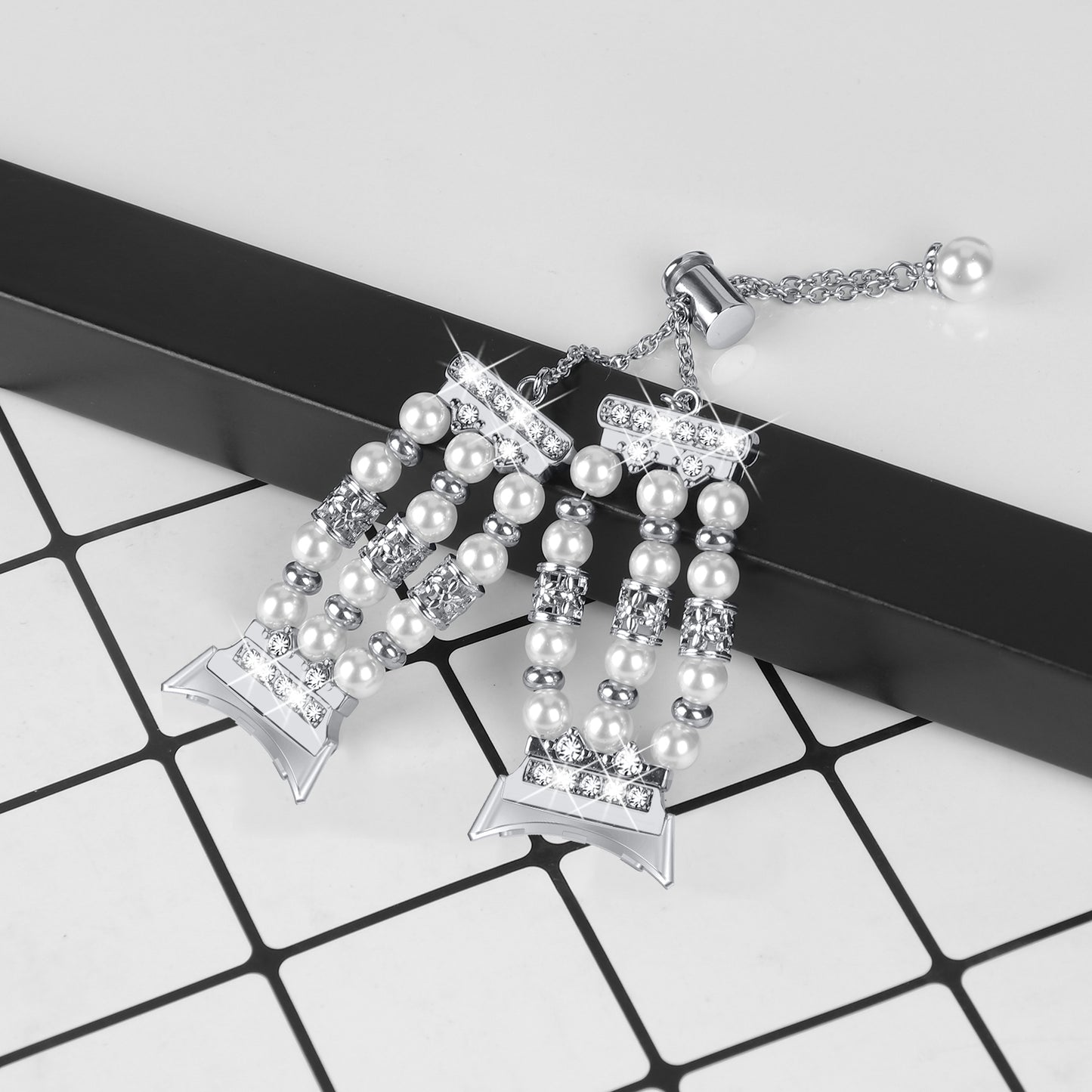 For Google Pixel WatchThree Rows Faux Pearls Beads Watch Band Replacement Wrist Strap Bracelet - Silver