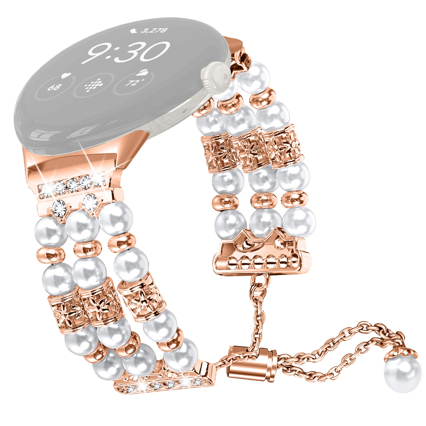 For Google Pixel WatchThree Rows Faux Pearls Beads Watch Band Replacement Wrist Strap Bracelet - Rose Gold