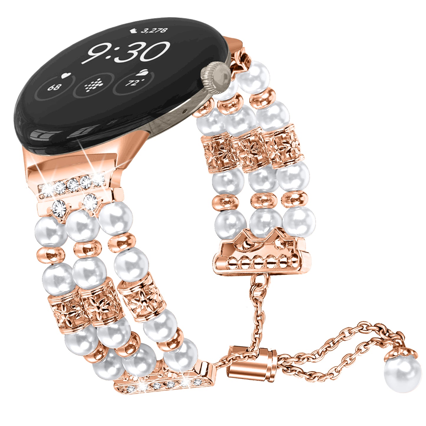 For Google Pixel WatchThree Rows Faux Pearls Beads Watch Band Replacement Wrist Strap Bracelet - Rose Gold