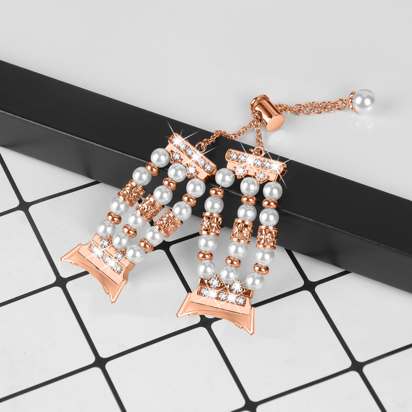 For Google Pixel WatchThree Rows Faux Pearls Beads Watch Band Replacement Wrist Strap Bracelet - Rose Gold