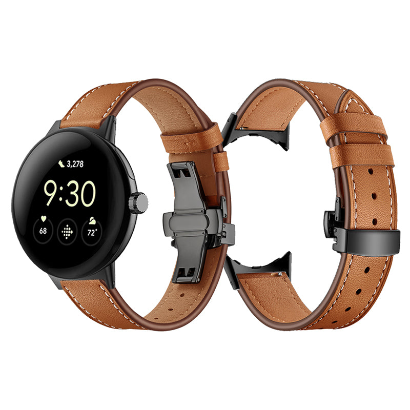Butterfly Buckle Genuine Leather Strap for Google Pixel Watch, Replacement Watch Band - Black Buckle / Brown