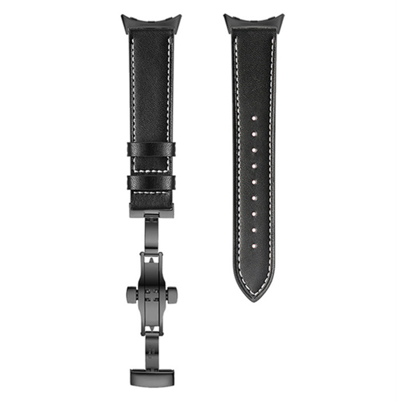 Butterfly Buckle Genuine Leather Strap for Google Pixel Watch, Replacement Watch Band - Black Buckle / Black