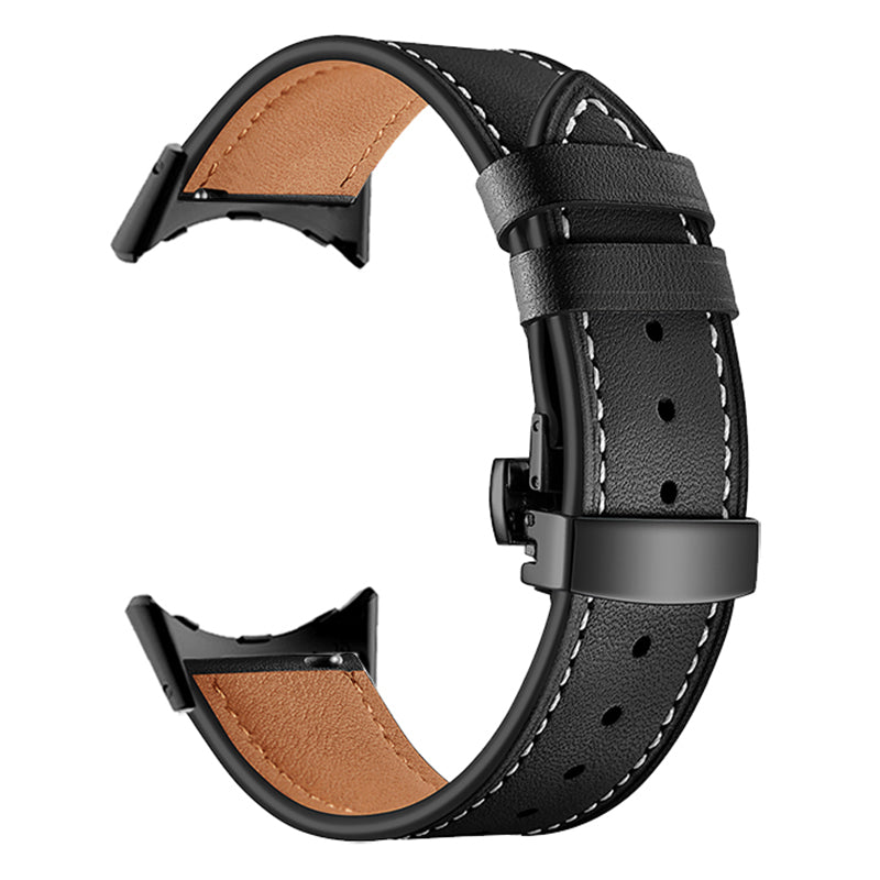 Butterfly Buckle Genuine Leather Strap for Google Pixel Watch, Replacement Watch Band - Black Buckle / Black