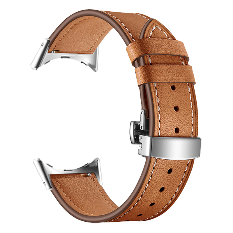 Butterfly Buckle Genuine Leather Strap for Google Pixel Watch, Replacement Watch Band - Silver Buckle / Brown