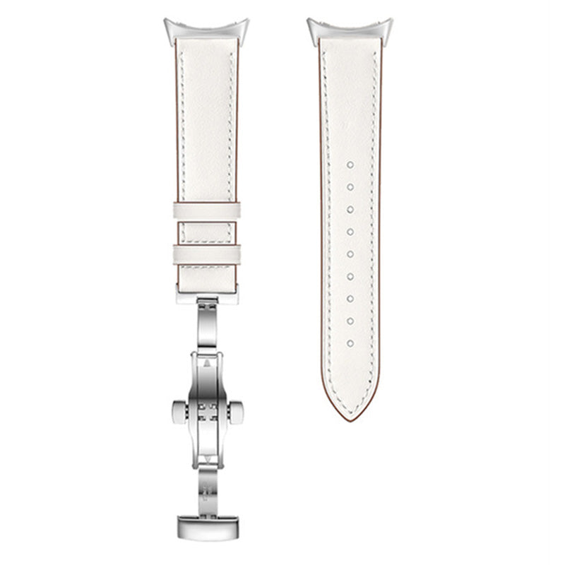 Butterfly Buckle Genuine Leather Strap for Google Pixel Watch, Replacement Watch Band - Silver Buckle / White