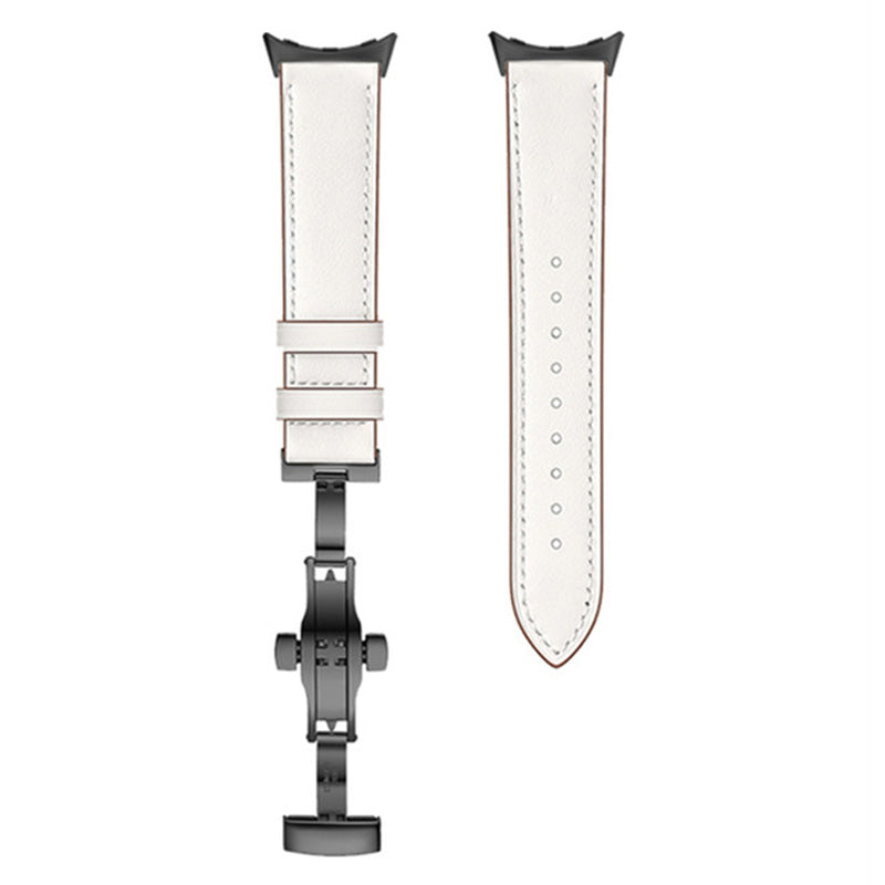 Butterfly Buckle Genuine Leather Strap for Google Pixel Watch, Replacement Watch Band - Black Buckle / White