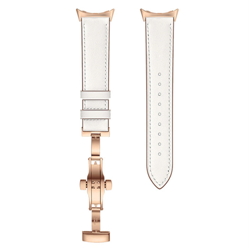 Butterfly Buckle Genuine Leather Strap for Google Pixel Watch, Replacement Watch Band - Rose Gold Buckle / White