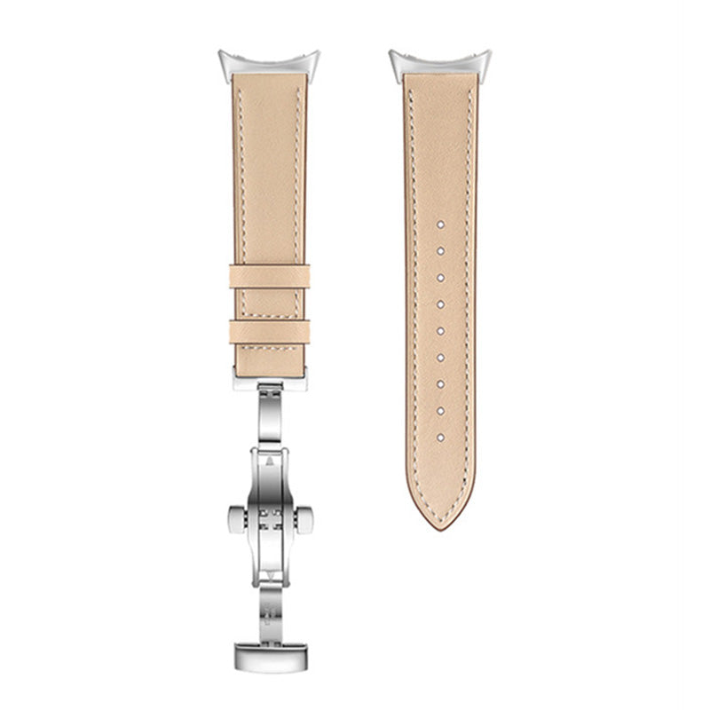Butterfly Buckle Genuine Leather Strap for Google Pixel Watch, Replacement Watch Band - Silver Buckle / Apricot