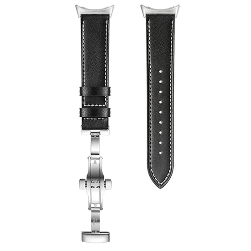 Butterfly Buckle Genuine Leather Strap for Google Pixel Watch, Replacement Watch Band - Silver Buckle / Black