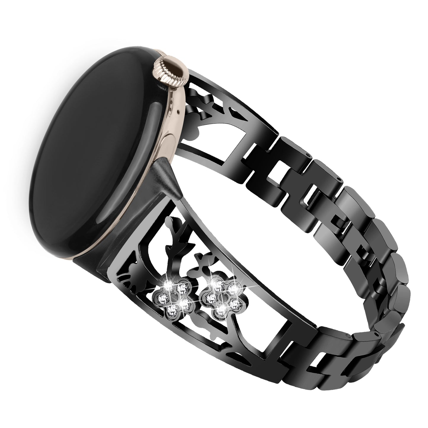 For Google Pixel Watch 304 Stainless Steel Bracelet Rhinestone Decor Plum Wrist Strap Detachable Watch Band - Black