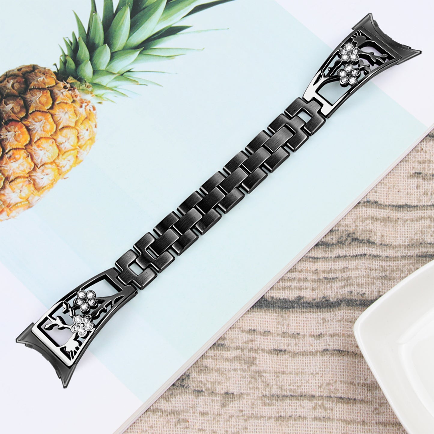 For Google Pixel Watch 304 Stainless Steel Bracelet Rhinestone Decor Plum Wrist Strap Detachable Watch Band - Black