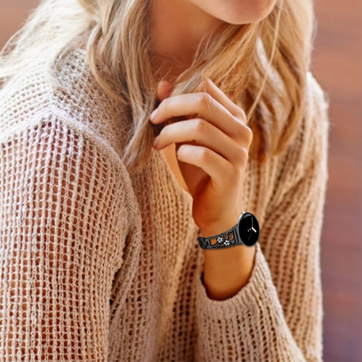 For Google Pixel Watch 304 Stainless Steel Bracelet Rhinestone Decor Plum Wrist Strap Detachable Watch Band - Black