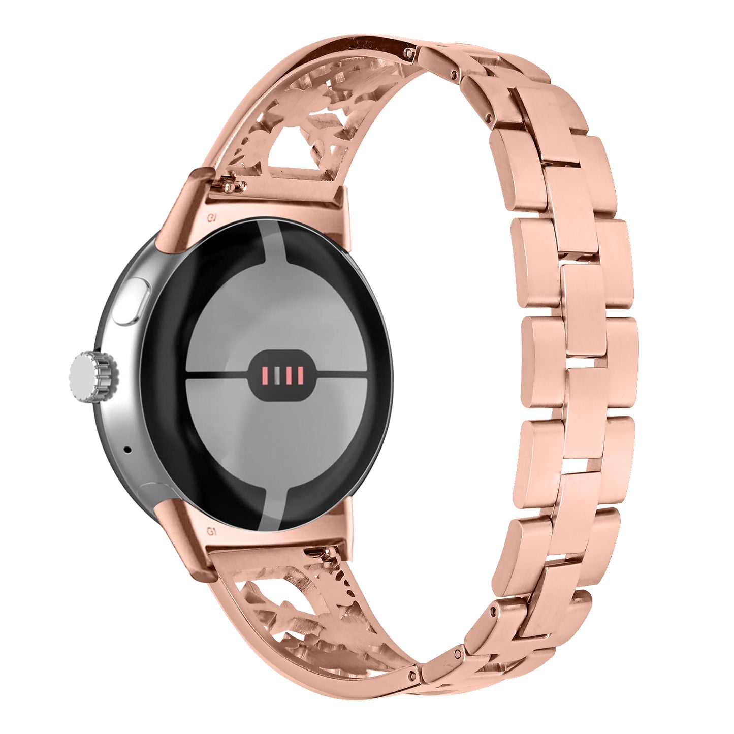 For Google Pixel Watch 304 Stainless Steel Bracelet Rhinestone Decor Plum Wrist Strap Detachable Watch Band - Rose Gold