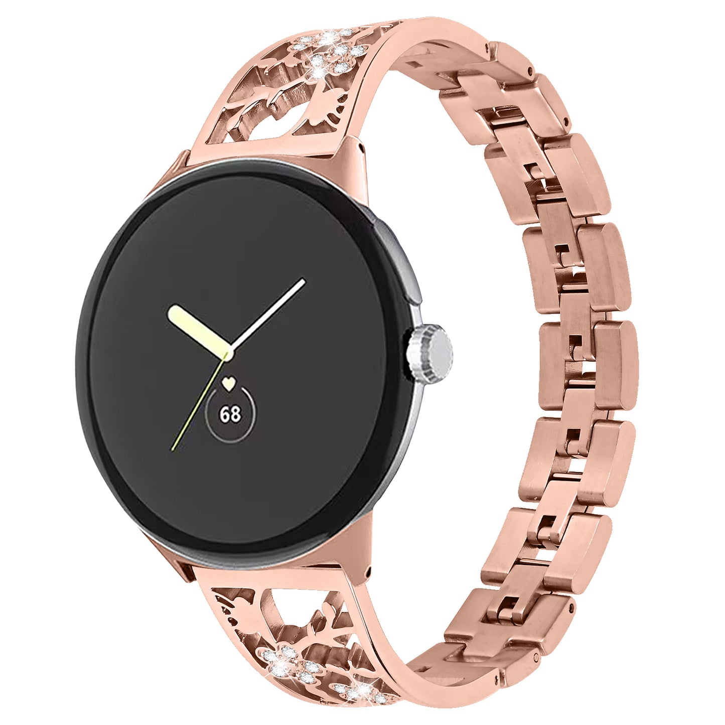 For Google Pixel Watch 304 Stainless Steel Bracelet Rhinestone Decor Plum Wrist Strap Detachable Watch Band - Rose Gold