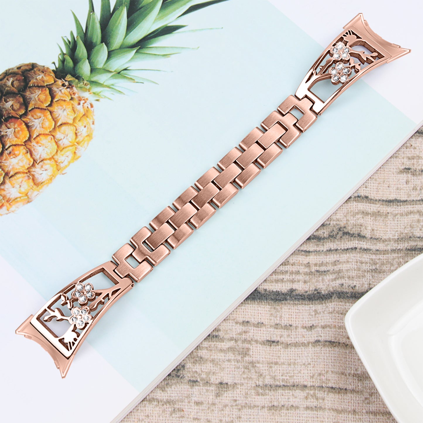 For Google Pixel Watch 304 Stainless Steel Bracelet Rhinestone Decor Plum Wrist Strap Detachable Watch Band - Rose Gold