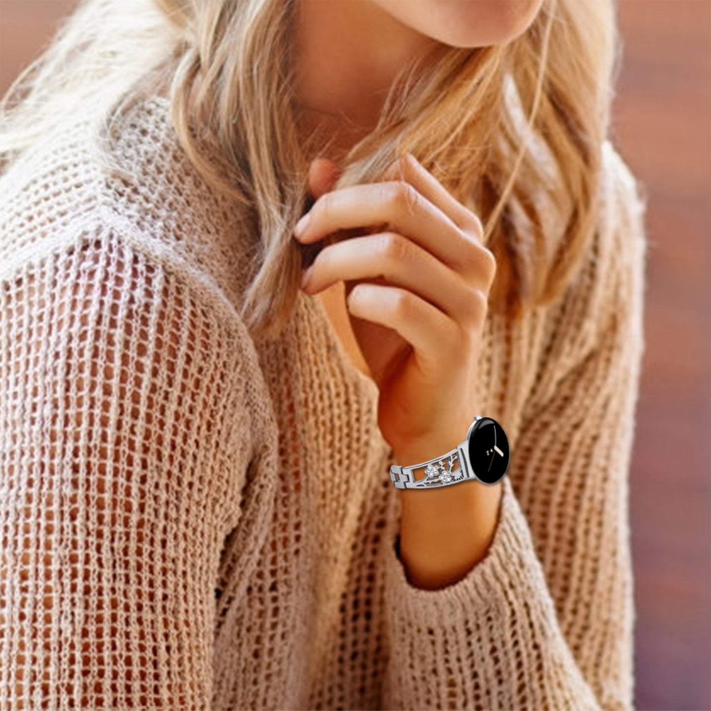 For Google Pixel Watch Rhinestone Decor Plum Design Wrist Strap 304 Stainless Steel Detachable Watch Band Bracelet - Silver