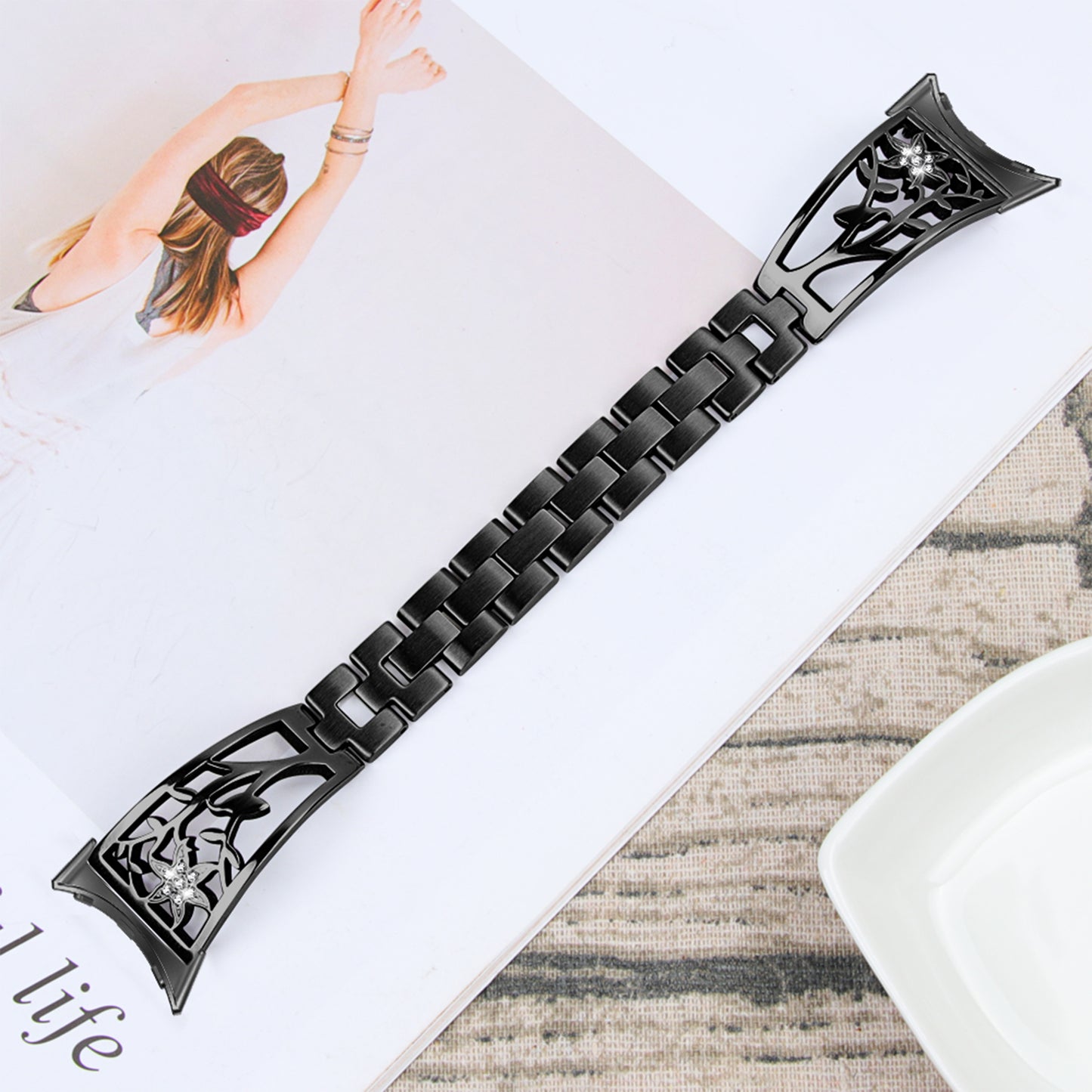 Metal Watch Band for Google Pixel Watch Rhinestone Decorated Watch Strap - Black