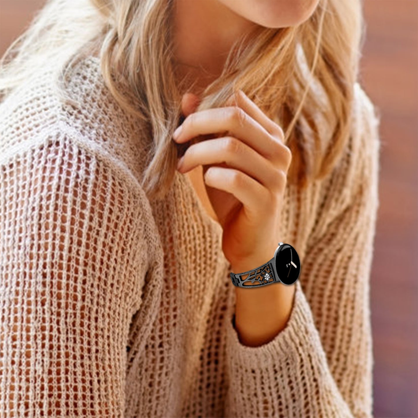 Metal Watch Band for Google Pixel Watch Rhinestone Decorated Watch Strap - Black