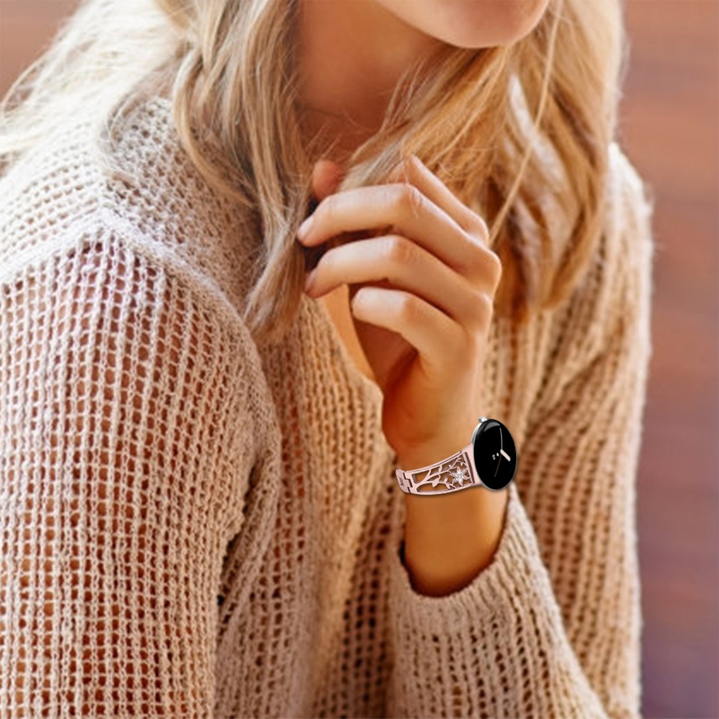 Metal Watch Band for Google Pixel Watch Rhinestone Decorated Watch Strap - Rose Pink