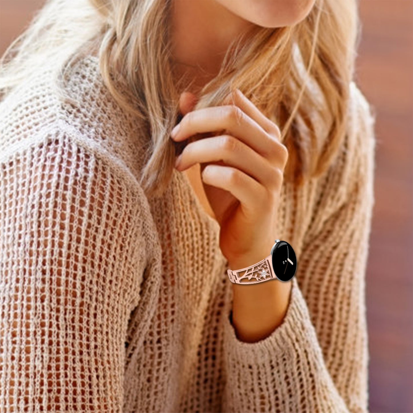 Metal Watch Band for Google Pixel Watch Rhinestone Decorated Watch Strap - Rose Gold