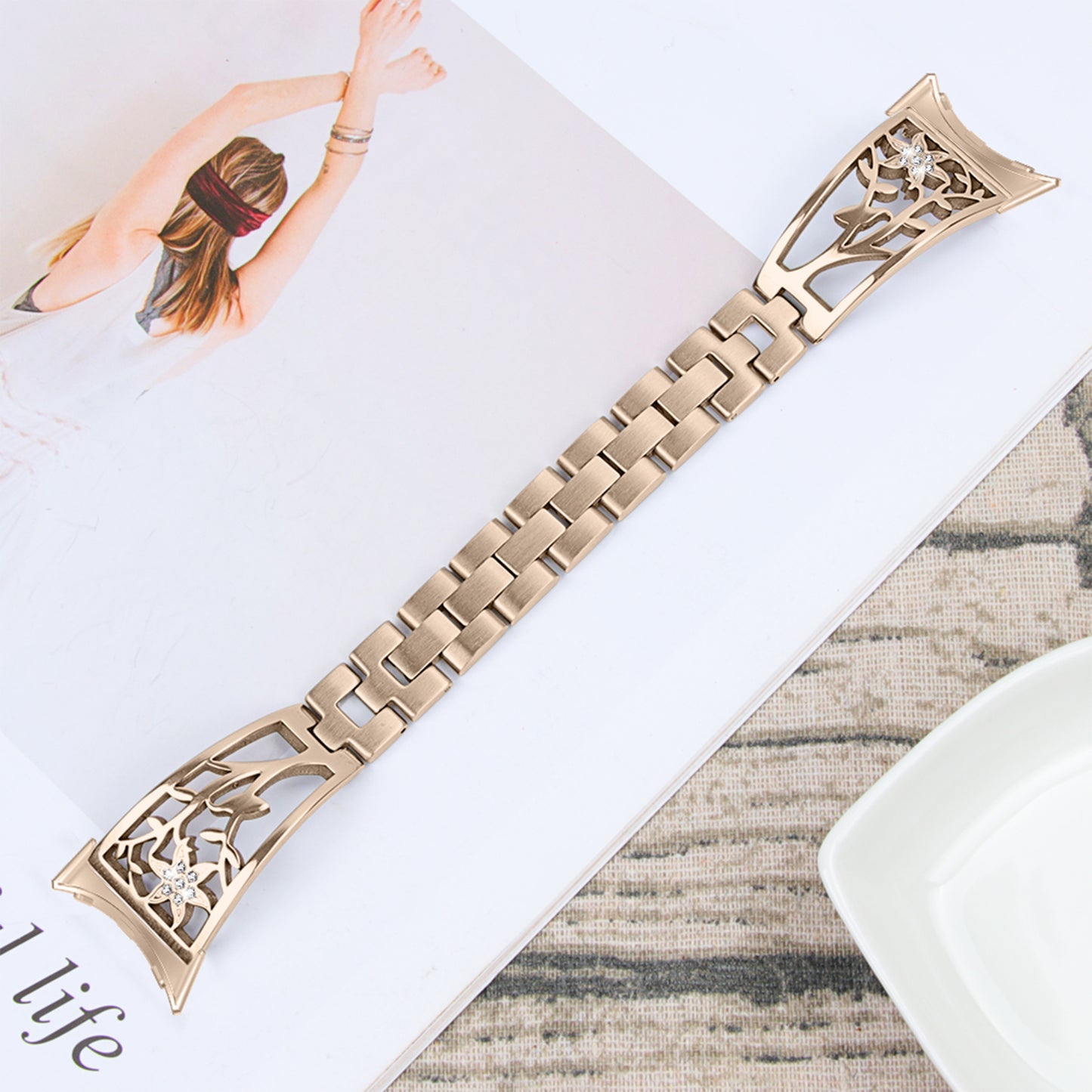 Metal Watch Band for Google Pixel Watch Rhinestone Decorated Watch Strap - Champagne Gold