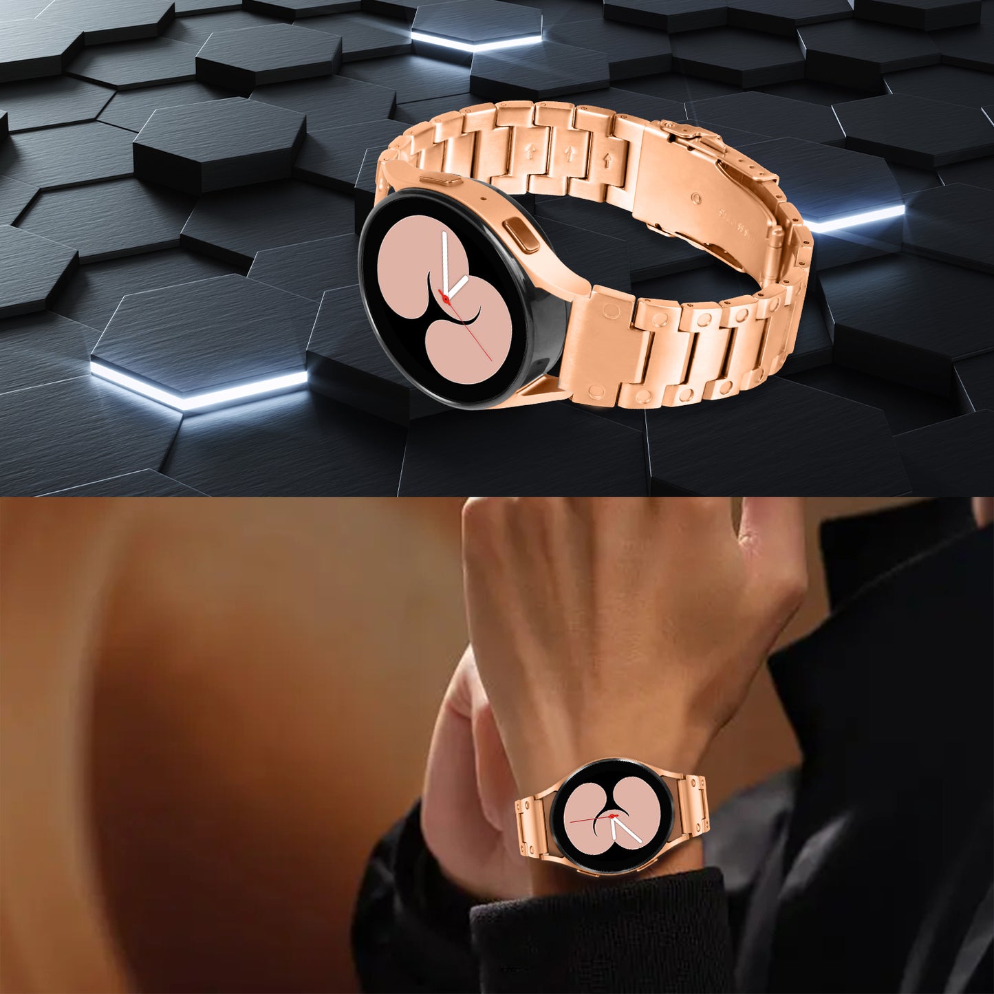 For Samsung Galaxy Watch4 Active 40mm 44mm / Watch4 Classic 42mm 46mm Smart Watch Strap 20mm Stainless Steel Watchband - Rose Gold