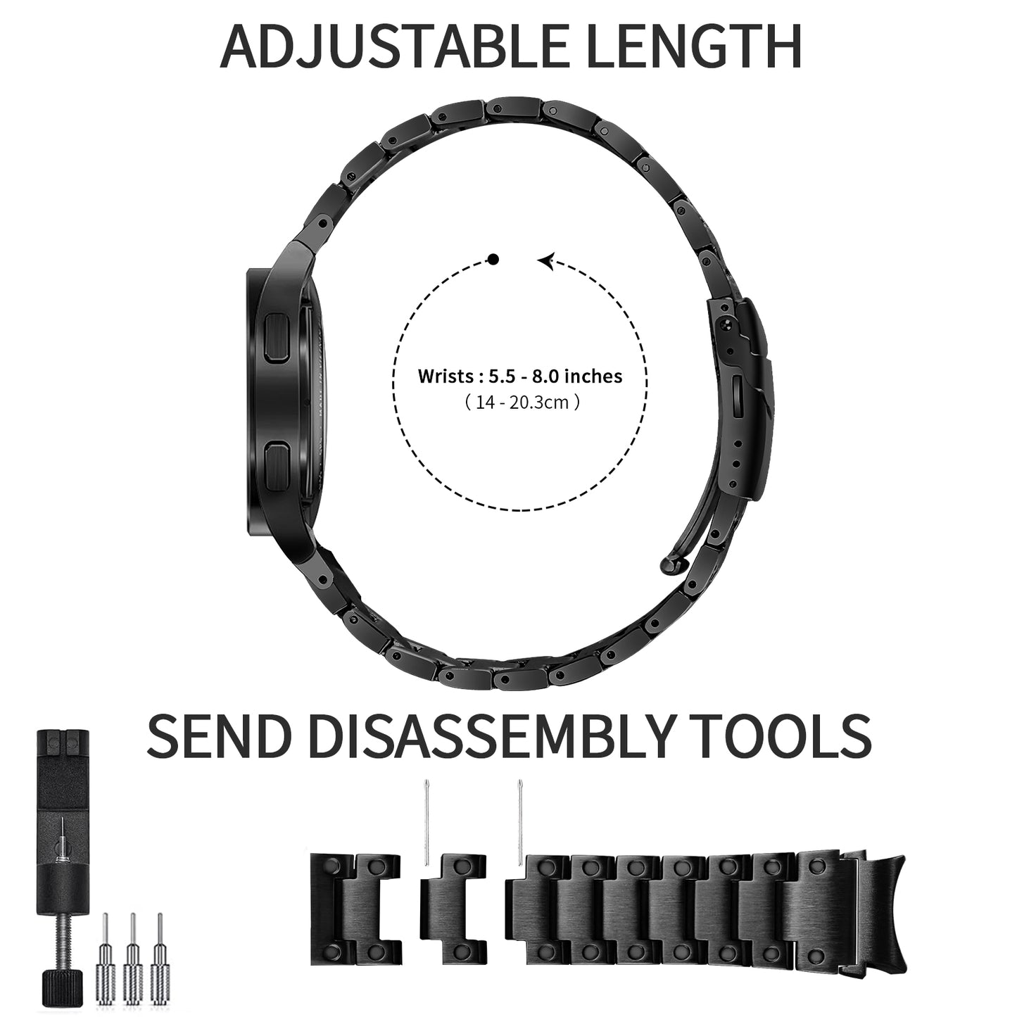 For Samsung Galaxy Watch 5 Active 40mm 44mm / Watch 5 Pro 45mm Watchband Replacement Stainless Steel Wrist Strap - Black