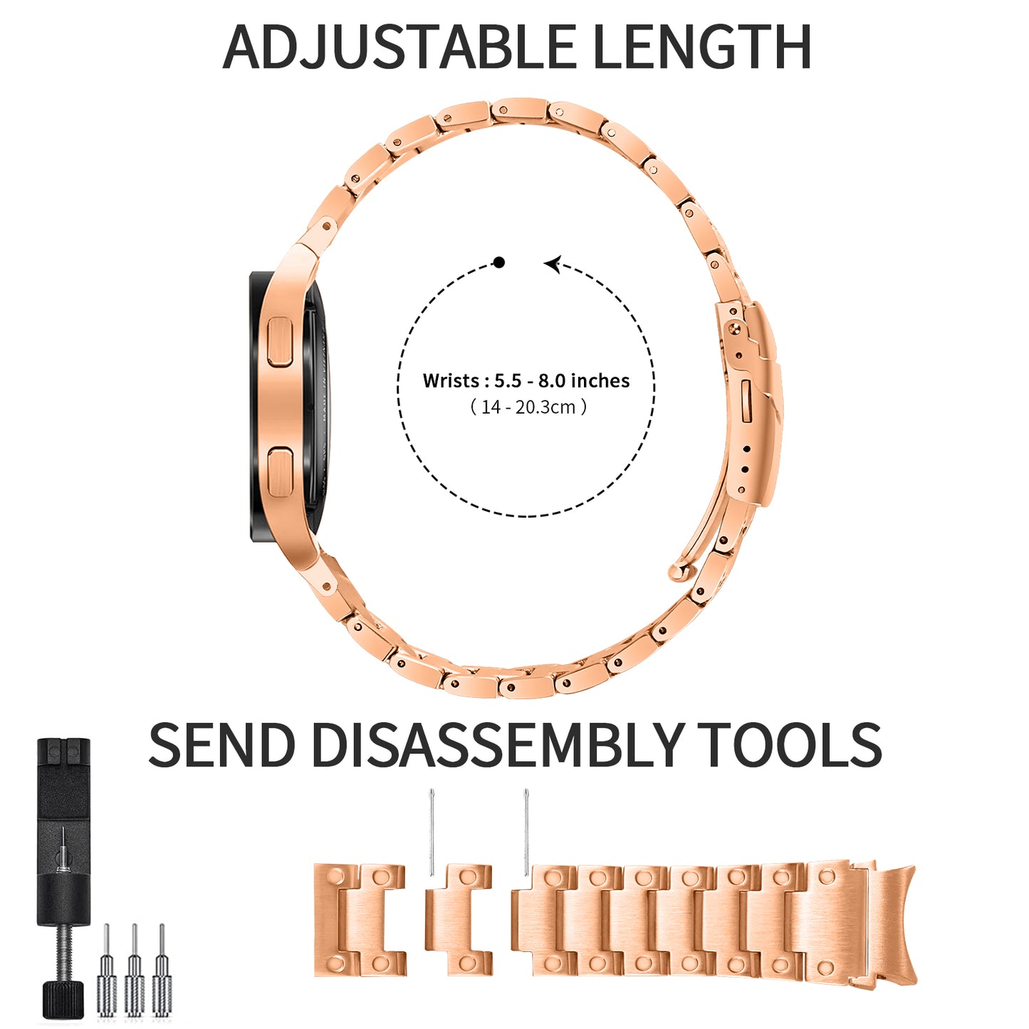 For Samsung Galaxy Watch 5 Active 40mm 44mm / Watch 5 Pro 45mm Watchband Replacement Stainless Steel Wrist Strap - Rose Gold