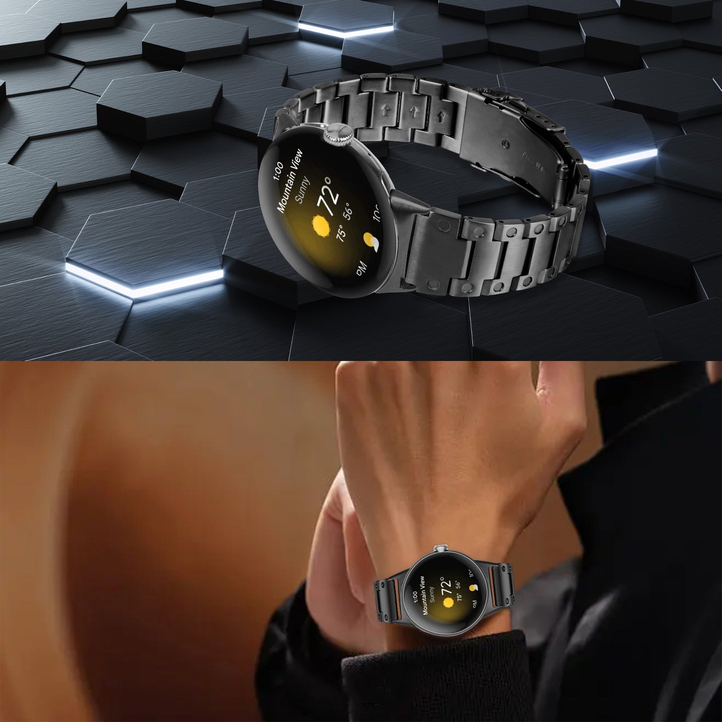 For Google Pixel Watch Three Bead Watch Band Stainless Steel Smart Watch Strap Replacement - Black