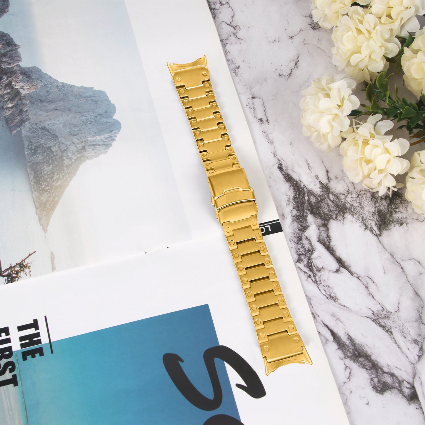 For Google Pixel Watch Three Bead Watch Band Stainless Steel Smart Watch Strap Replacement - Gold