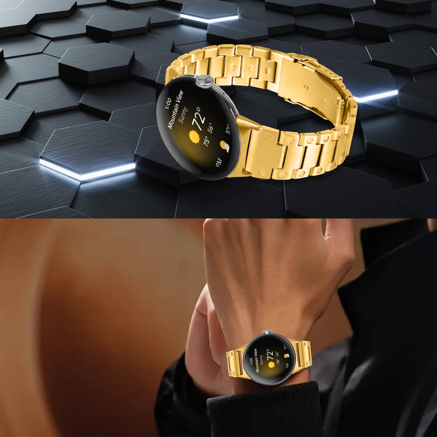 For Google Pixel Watch Three Bead Watch Band Stainless Steel Smart Watch Strap Replacement - Gold