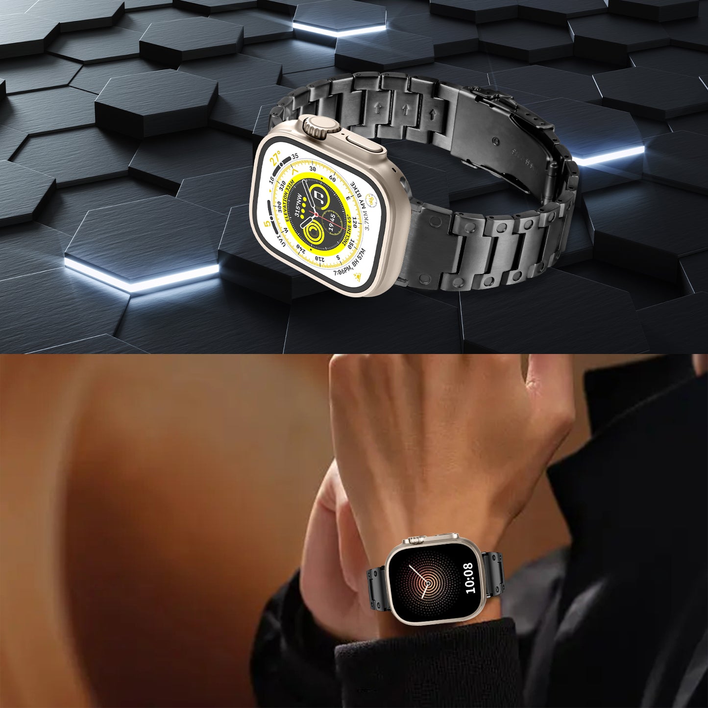 For Apple Watch Ultra 49mm / Series 8 / 7 45mm / 6 / 5 / 4 / SE / SE (2022) 44mm / 3 / 2 / 1 42mm Smart Watch Band Stainless Steel Strap - Black