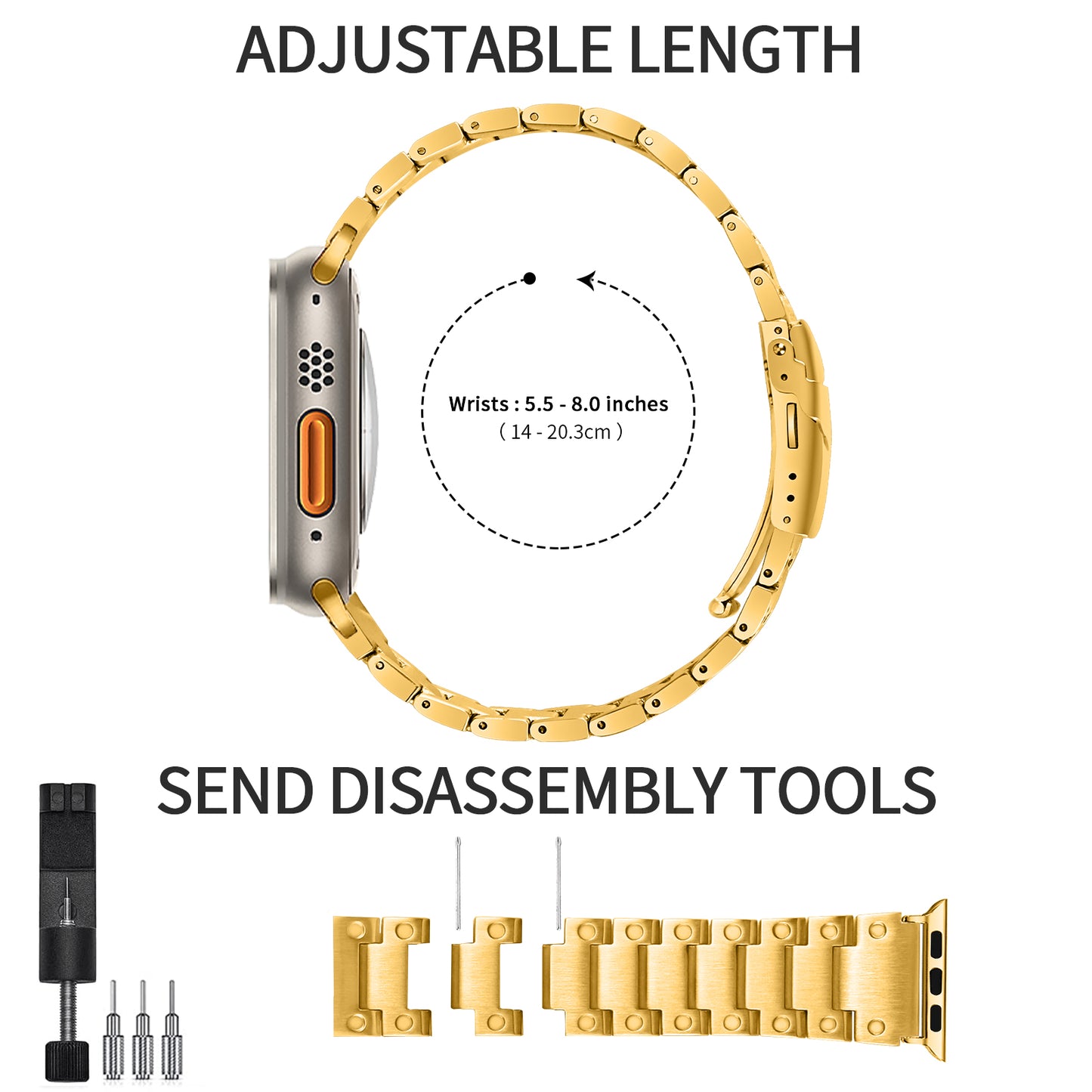 For Apple Watch Ultra 49mm / Series 8 / 7 45mm / 6 / 5 / 4 / SE / SE (2022) 44mm / 3 / 2 / 1 42mm Smart Watch Band Stainless Steel Strap - Gold