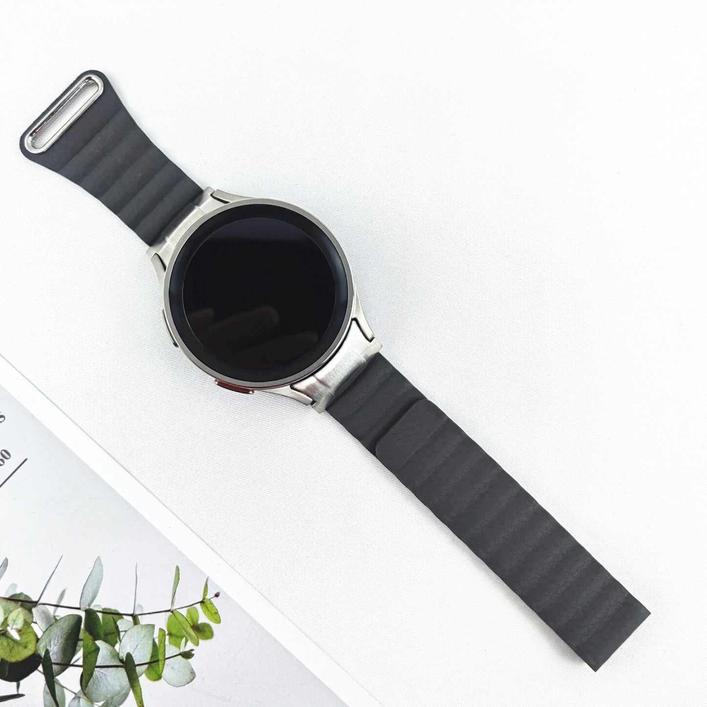 Magnetic Watch Band for Samsung Galaxy Watch6 40mm 44mm / Watch6 Classic 43mm 47mm / Watch 5 40mm 44mm / Watch4 40mm 44mm Genuine Leather Strap with Connector - Grey