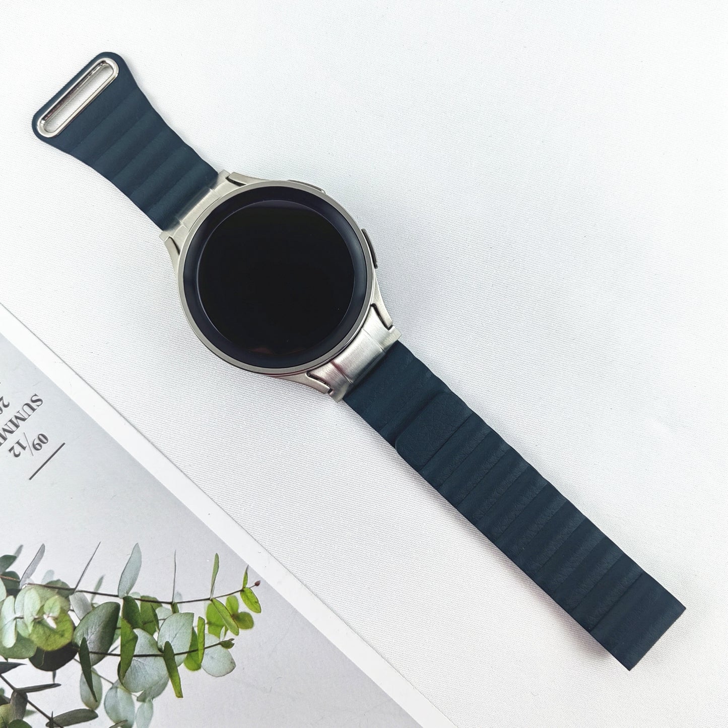 Magnetic Watch Band for Samsung Galaxy Watch6 40mm 44mm / Watch6 Classic 43mm 47mm / Watch 5 40mm 44mm / Watch4 40mm 44mm Genuine Leather Strap with Connector - Pine Needle Green