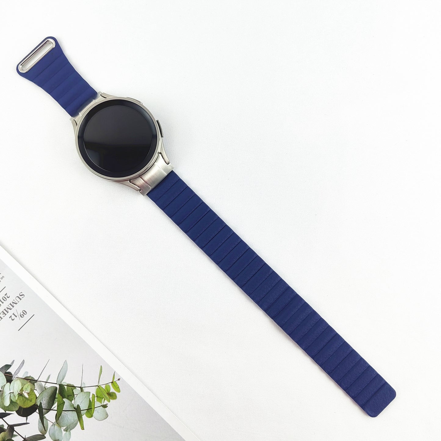 Magnetic Watch Band for Samsung Galaxy Watch6 40mm 44mm / Watch6 Classic 43mm 47mm / Watch 5 40mm 44mm / Watch4 40mm 44mm Genuine Leather Strap with Connector - Midnight Blue