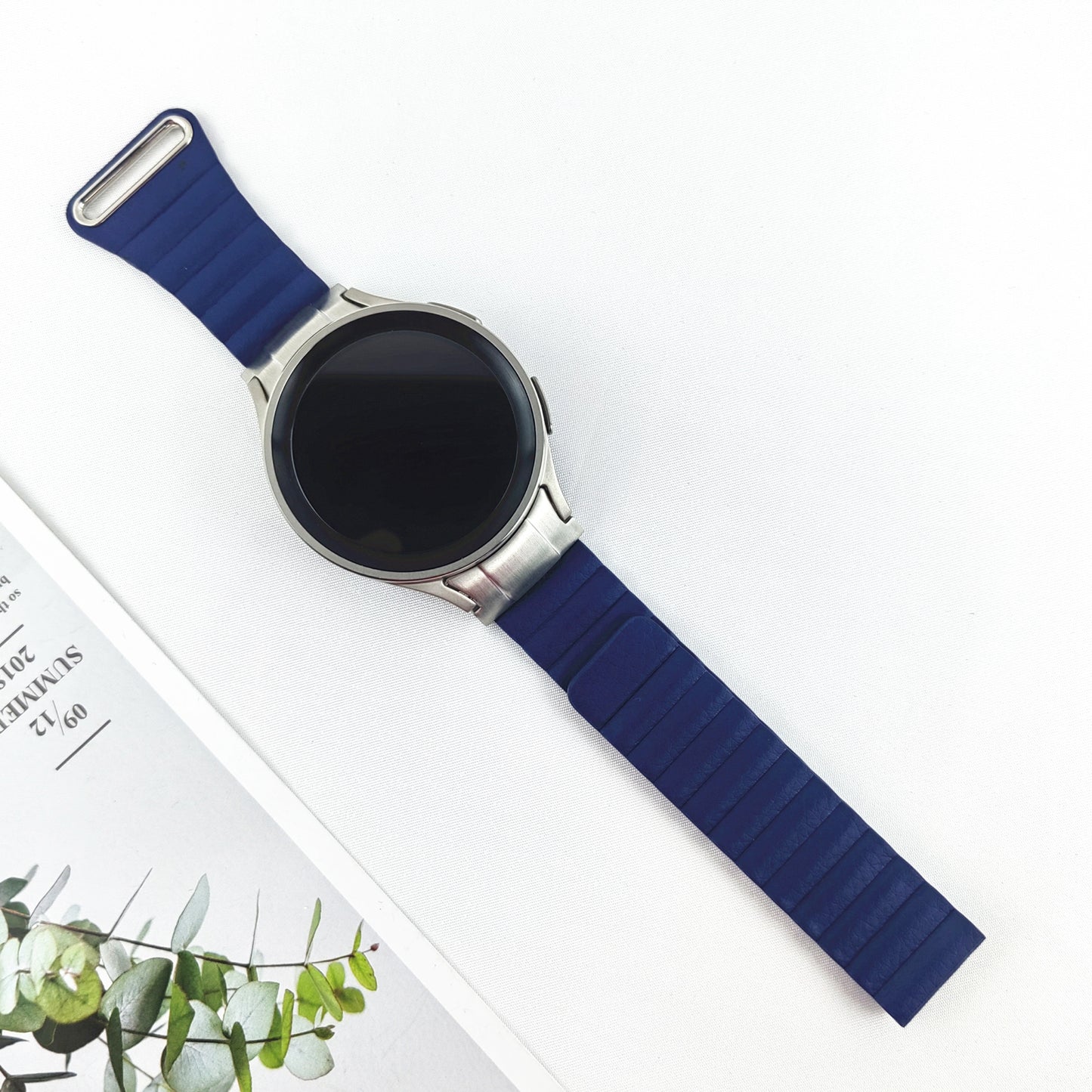 Magnetic Watch Band for Samsung Galaxy Watch6 40mm 44mm / Watch6 Classic 43mm 47mm / Watch 5 40mm 44mm / Watch4 40mm 44mm Genuine Leather Strap with Connector - Midnight Blue