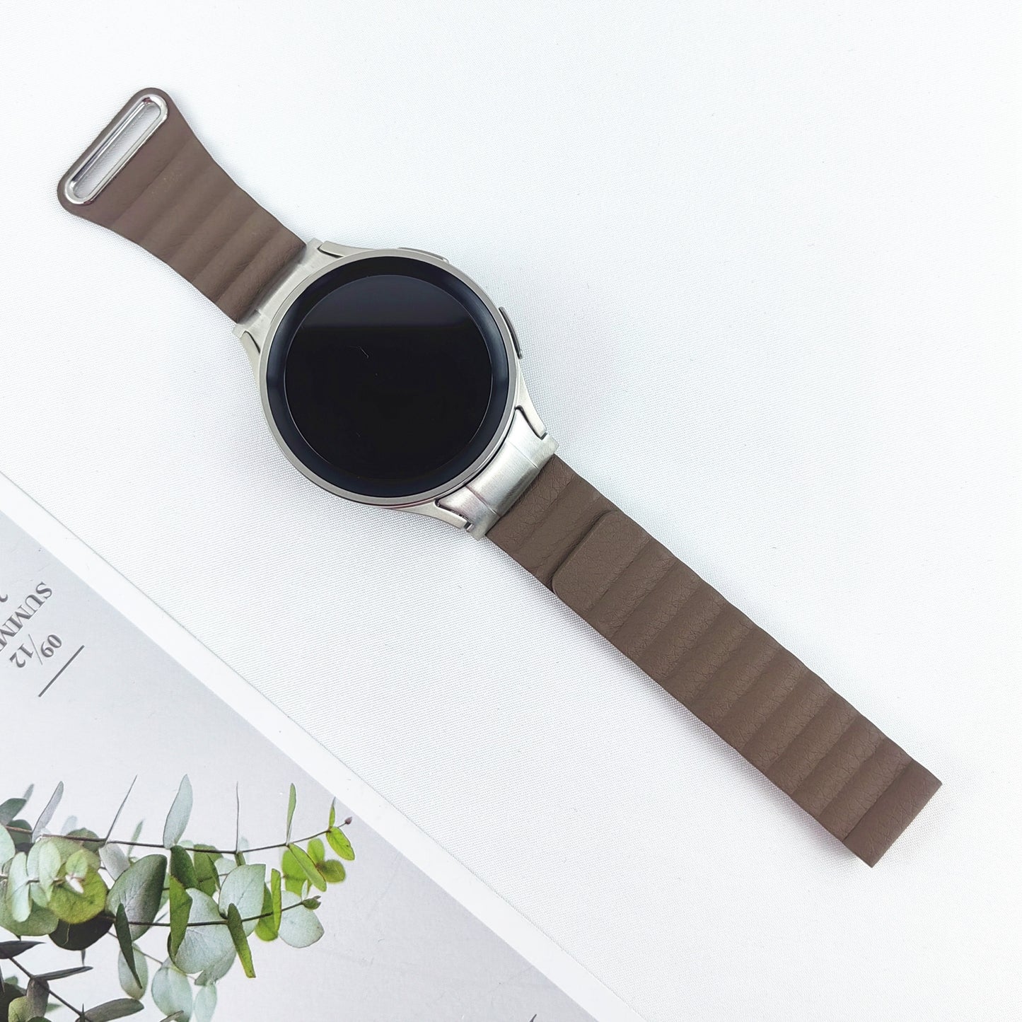 Magnetic Watch Band for Samsung Galaxy Watch6 40mm 44mm / Watch6 Classic 43mm 47mm / Watch 5 40mm 44mm / Watch4 40mm 44mm Genuine Leather Strap with Connector - Tan