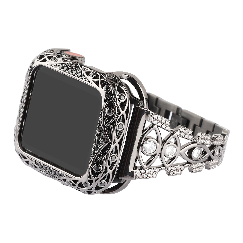 Rhinestone Decor Metal Watch Band for Apple Watch Ultra 49mm / Series 8 / 7 45mm / Series 6 / 5 / 4 / SE (2022) / SE 44mm / Series 3 / 2 / 1 42mm Eye Design Bracelet Strap - Black
