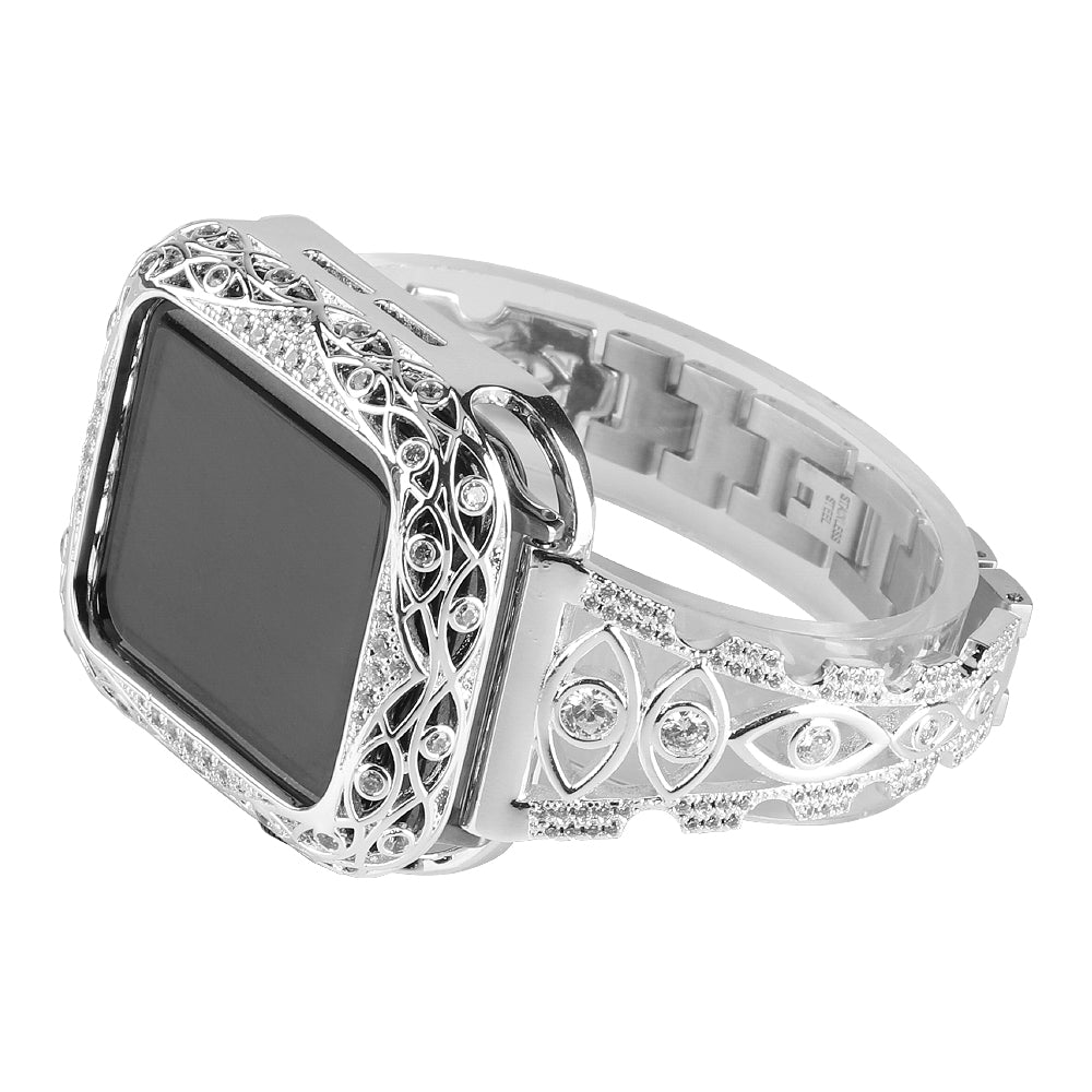 Rhinestone Decor Metal Watch Band for Apple Watch Ultra 49mm / Series 8 / 7 45mm / Series 6 / 5 / 4 / SE (2022) / SE 44mm / Series 3 / 2 / 1 42mm Eye Design Bracelet Strap - Silver