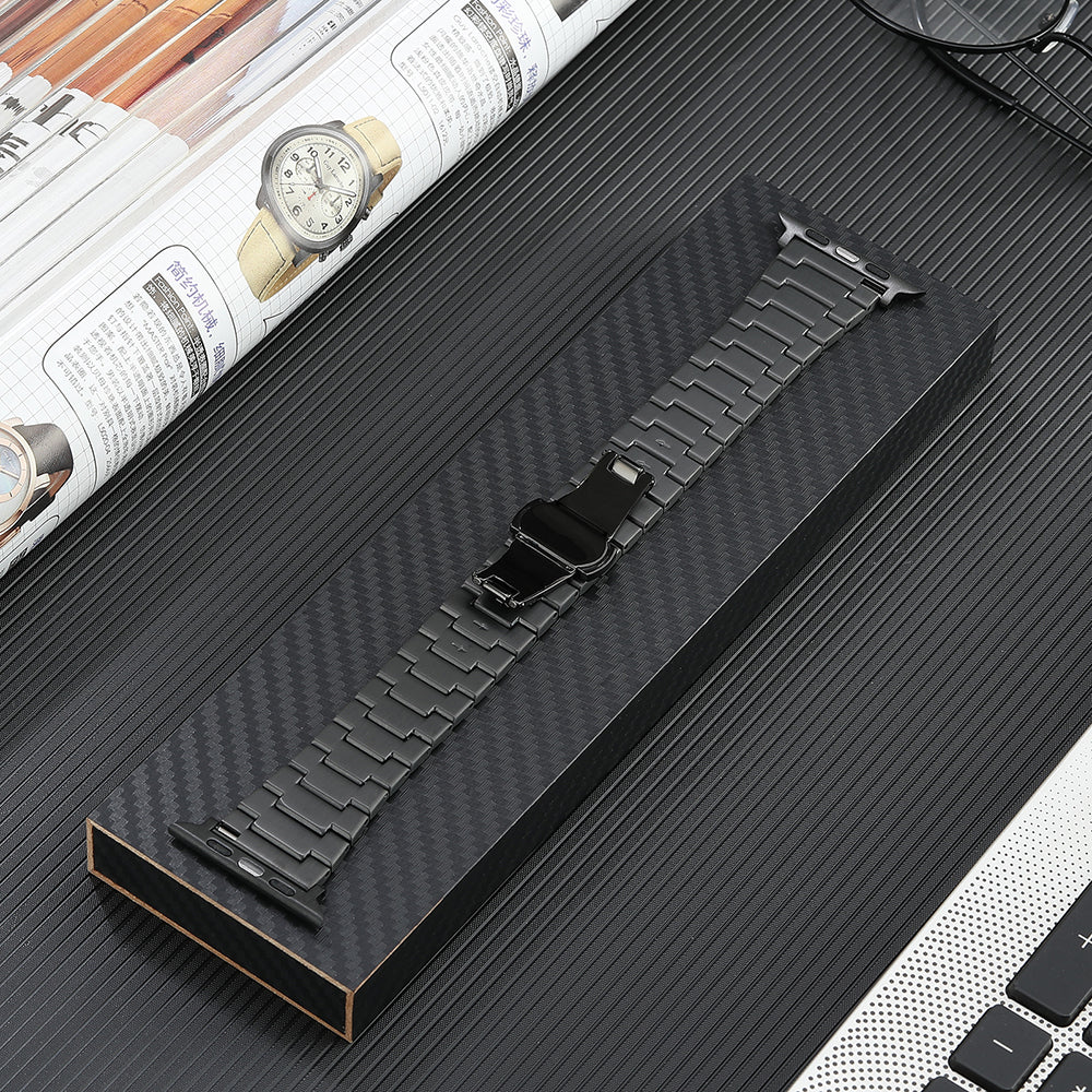 Titanium Steel Watch Band for Apple Watch Series 1 2 3 38mm / Series 4 5 6 SE (2022) SE 40mm / Series 7 8 41mm , 3-Bead Metal Strap with Butterfly Clasp - Black